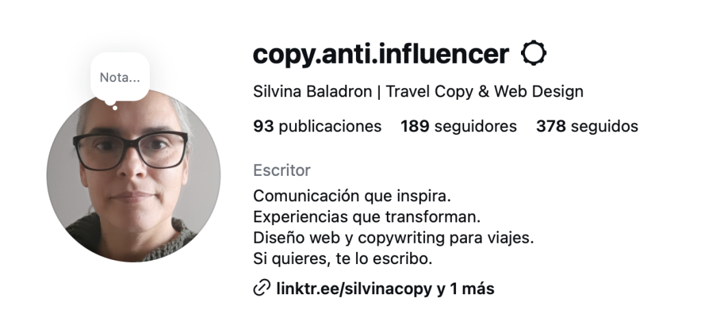 Captura del perfil de Instagram de Silvina Baladrón con el usuario copy.anti.influencer